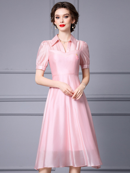 Pink dress, summer high waisted, belly covered shirt collar, A-line large hem skirt, 2024 new model