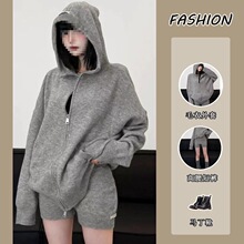 套装女冬季韩系辣妹长袖针织毛衣开衫连帽外套高腰短裤两件套