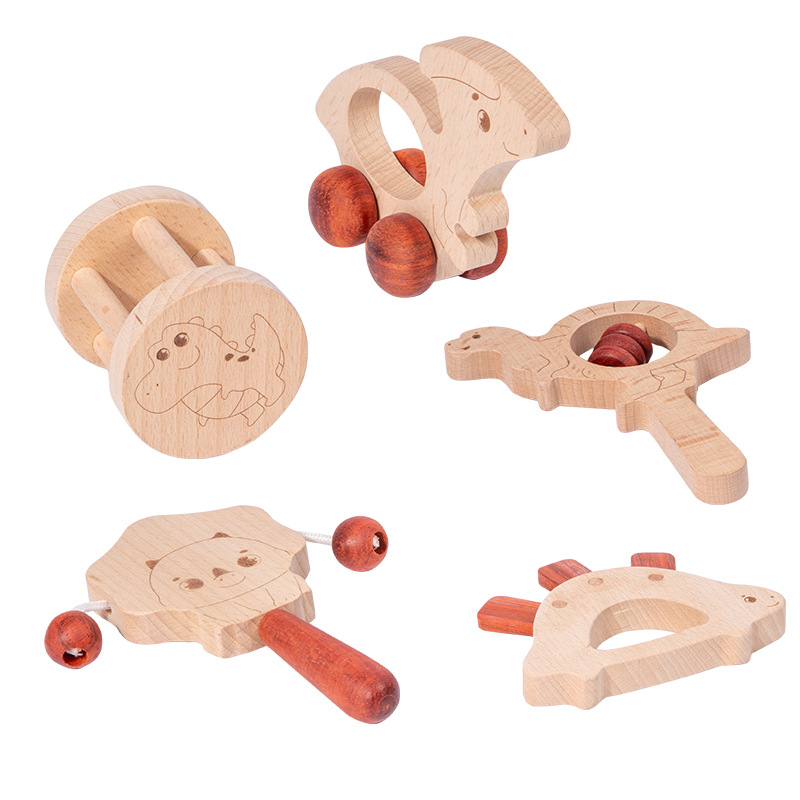 Juego de sonajeros de mano de dinosaurio de madera para bebés, campanas de cama para recién nacidos, música, educación temprana, rompecabezas, instrumentos musicales, juguetes