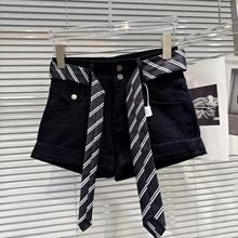 跨境2025秋季新款美式辣妹斜纹腰带挽边设计三分牛仔短裤靴裤