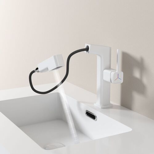 High-looking milky white style beauty three-mode basin faucet all-copper household pull-out washbasin hot and cold faucet