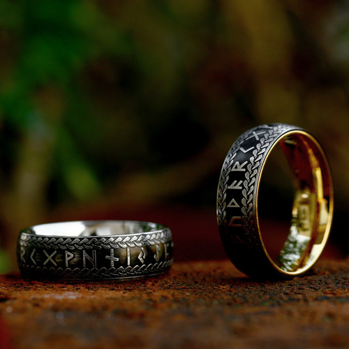 beier European and American retro Viking letters fashionable and simple titanium steel ring foreign trade retro stainless steel electroplated ring