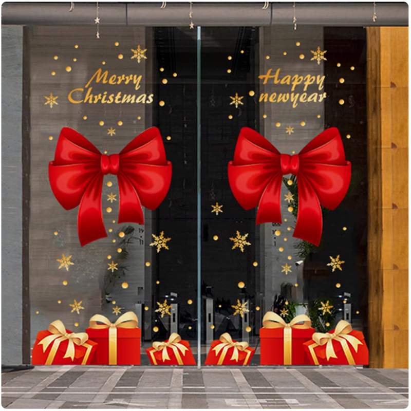 Shopping Mall Window Decorations Happy Christmas English Letters Red Ribbon Bow Golden Snowflake Electrostatic Stickers Shopping Mall Window Decorations Happy Christmas English Letters Red Ribbon Bow Golden Snowflake Electrostatic Stickers