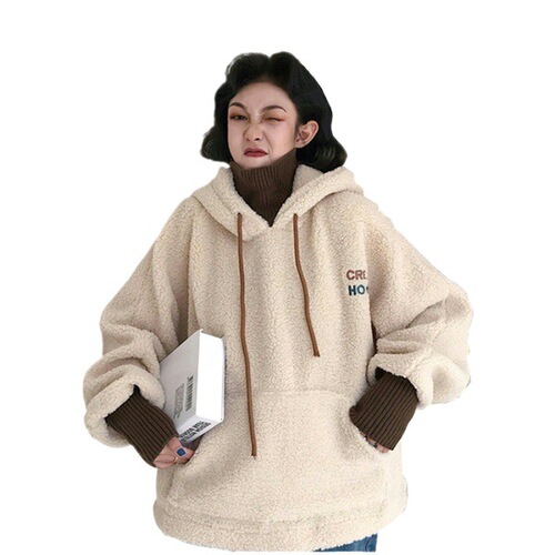 Women's Faux Lamb Wool Zip-Up Hoodie with Thicken Padding, New Fall/Winter Loose Korean Style Ins Trendy Jacket Top