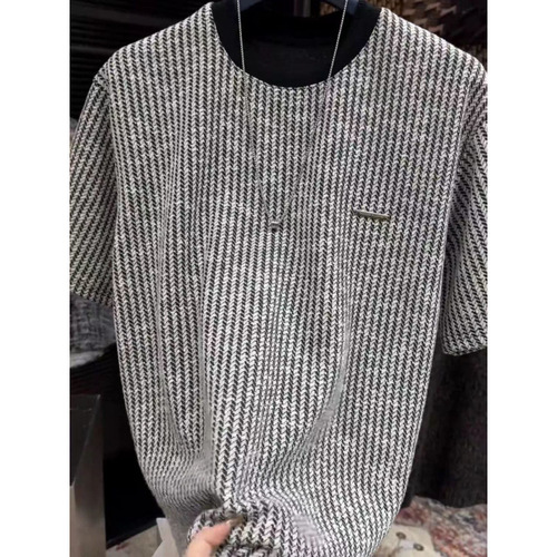 Summer Light Luxury Black and White Striped Crew Neck Short Sleeve Top with Small Embroidered Logo, Men's Versatile Half Sleeve T-Shirt for Men