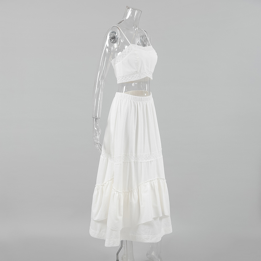 Spring Summer Sexy Design White Cotton Linen Sleeveless Square Collar Short Top Mid Waist Split Skirt Two Piece Sets
