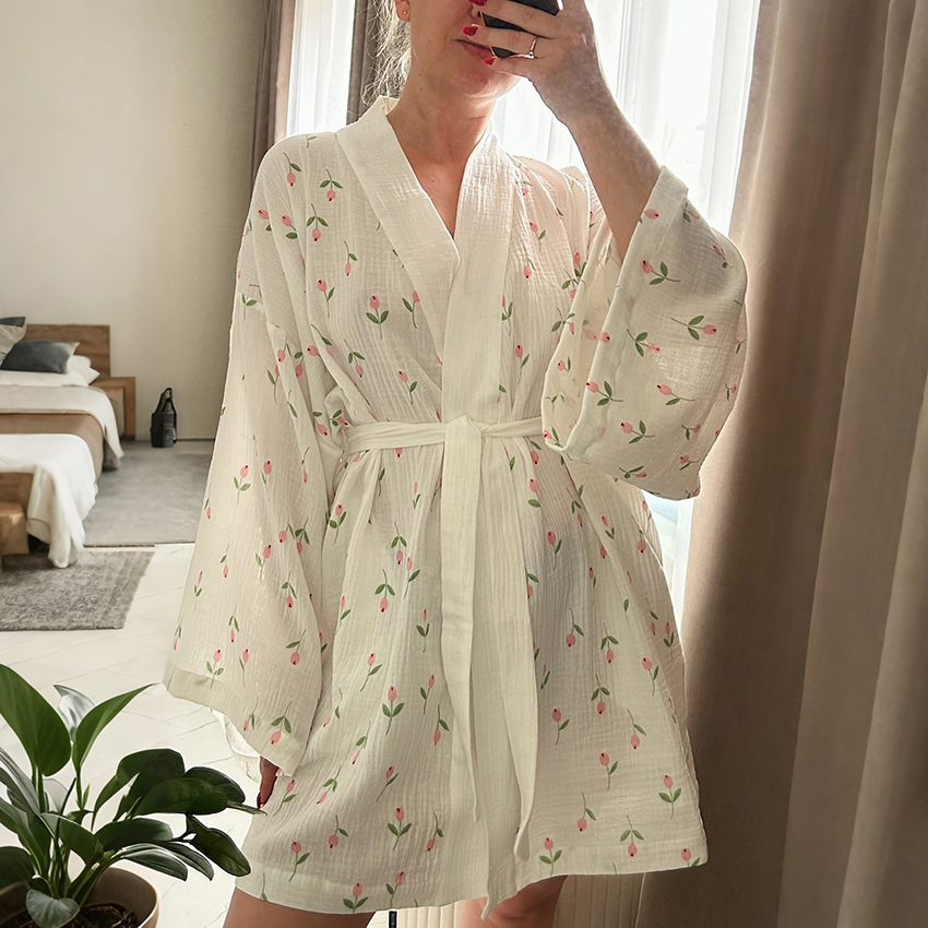 2025 Cross-Border Pure Cotton Pajamas Autumn and Winter Tulip Print Long-Sleeved Nightgown Bathrobe Cotton Silk Women's Home Clothes Wholesale