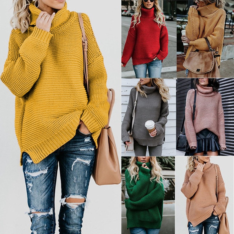Women Knitted Turtleneck Sweater Solid Color Large Size Premium Material
