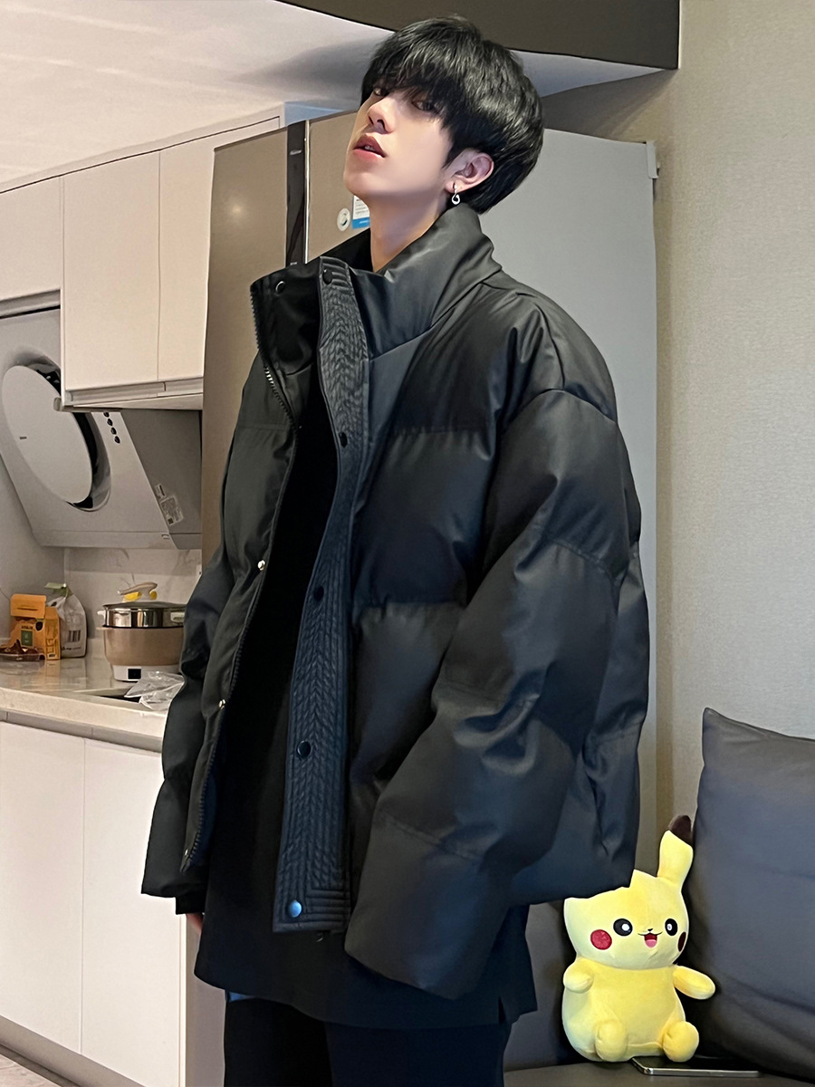 Cuero DE LA PU de algodón acolchado abrigo hombres American High Street marca de moda suelta gruesa chaqueta caliente corto a prueba de viento de cuello alto abrigo de pan casual