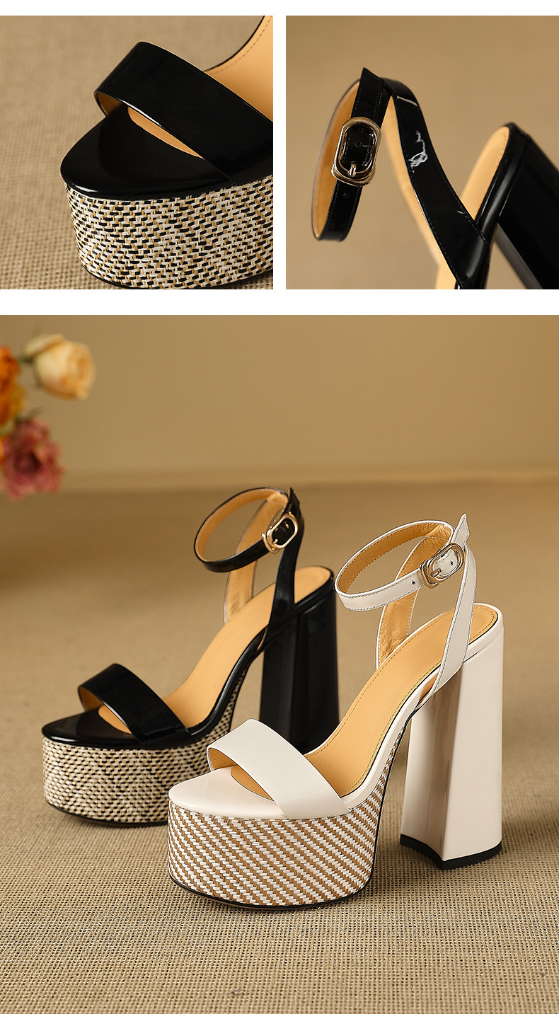 Sandal hở mũi một dây Yichuan da thật gót vuông cao 9 cm — đen chi tiết 11