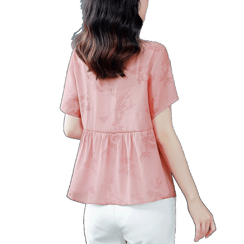 夏の新しい綿とリネンの女性用半袖シャツ、中国風のボタン、年齢を軽減する、ゆったりとした大きいサイズのお腹カバーシャツ、マザーズトップ|undefined
