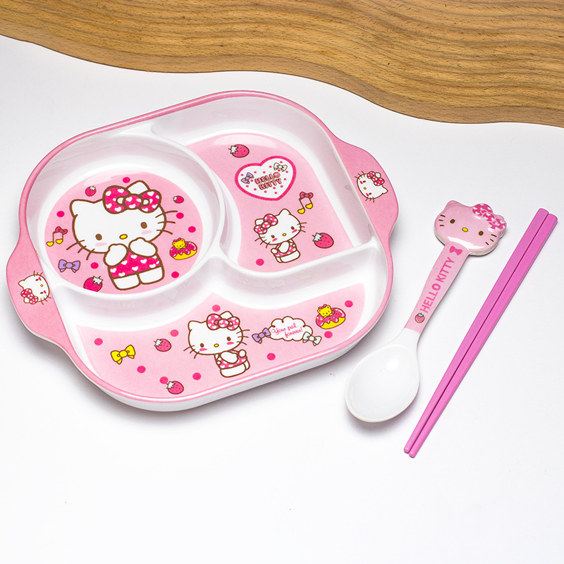 Cartoon children's divided plate three-piece set, melamine anti-fall baby food utensils, spoon and chopstick set with multiple options available Cartoon children's divided plate three-piece set, melamine anti-fall baby food utensils, spoon and chopstick set with multiple options available