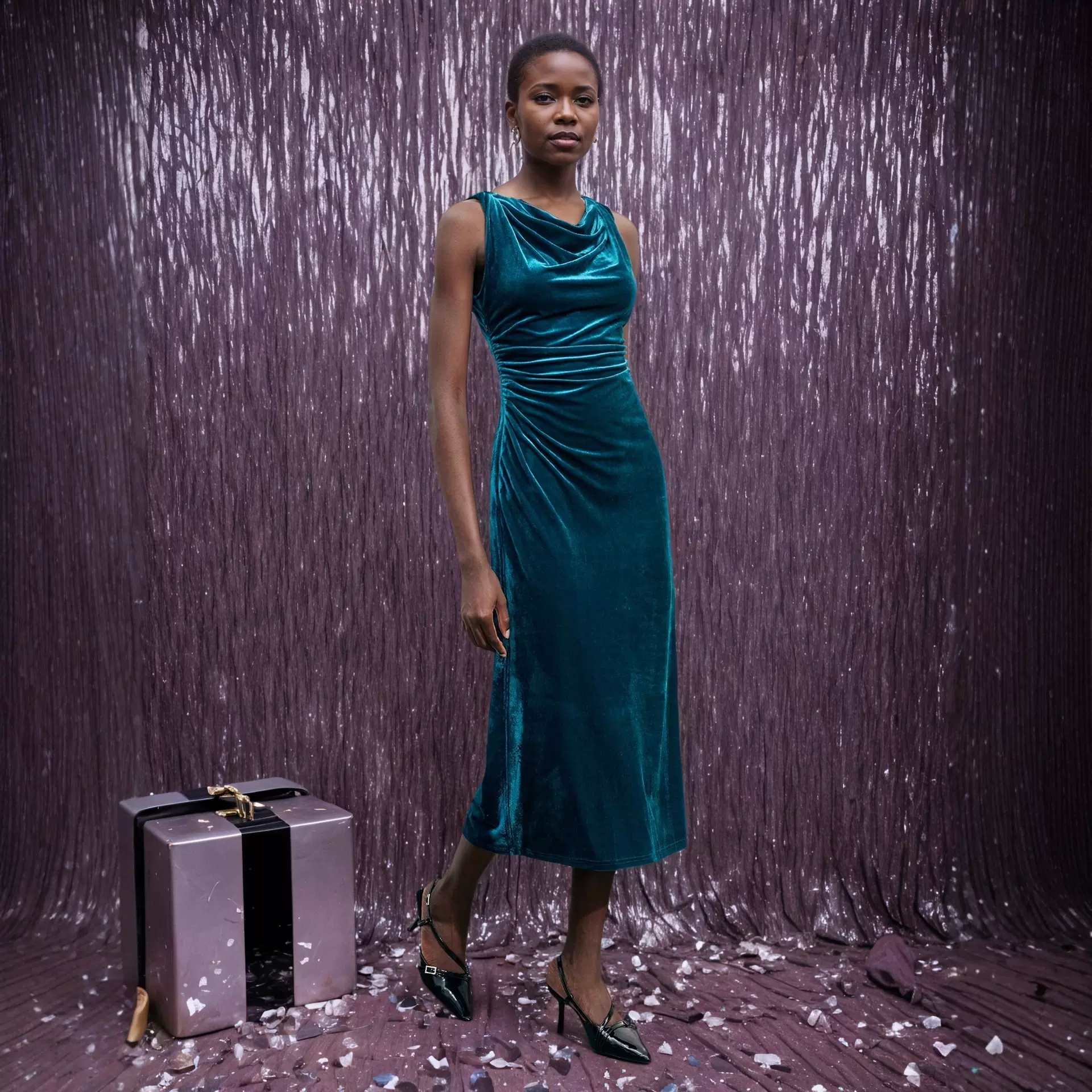 欧美跨境ins爆款无袖丝绒晚礼服名媛秋冬时尚修身侧开叉包臀长裙