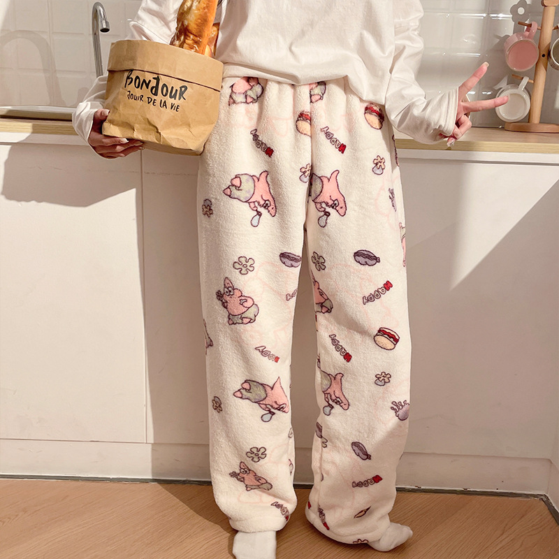 Pantalones de pijama de franela de dibujos animados de otoño y invierno para mujeres con pantalones de lana de coral caliente para estudiantes de lana de invierno para el hogar