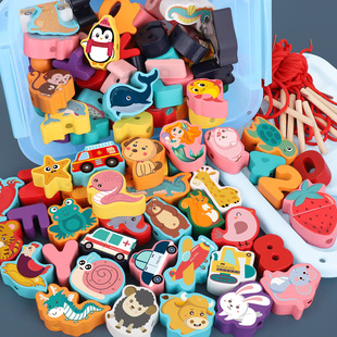 Cross-Border Children's Educational Beaded Toys Large Particle Stringing Cartoon Animal Fruit Beaded Threading Wooden Toys