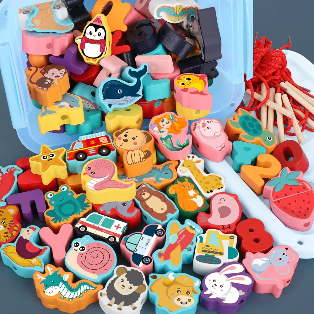 Детские развивающие игрушки из бисера с крупными элементами, нанизывание, мультяшные животные, фрукты, деревянные игрушки для творчества