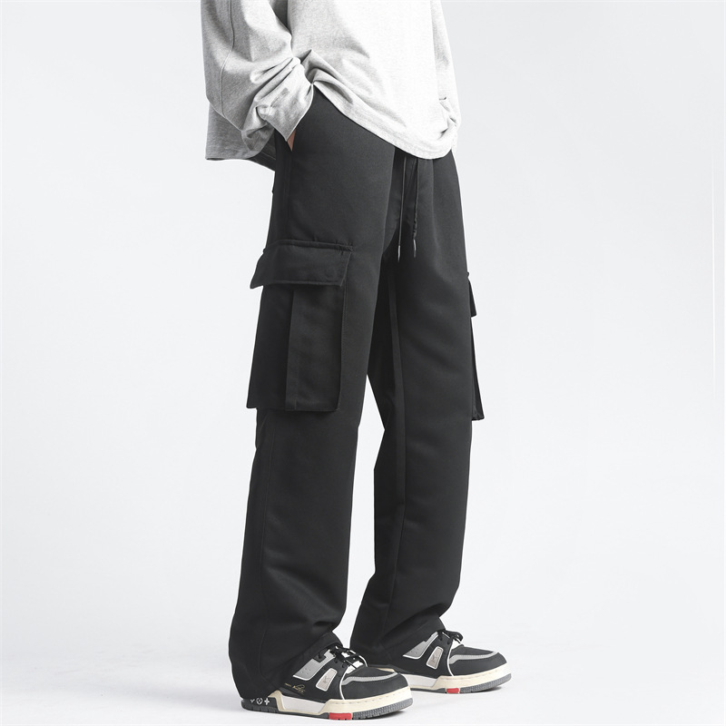 Herren-Streetwear-Hose mit mehreren Taschen und trendigen Etiketten, locker sitzende Freizeithose mit weitem Bein und geradem Bein_voghion.com
