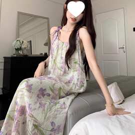 【原版做法＋内里】夏季垂坠感紫色碎花吊带裙雪纺连衣裙女中长裙