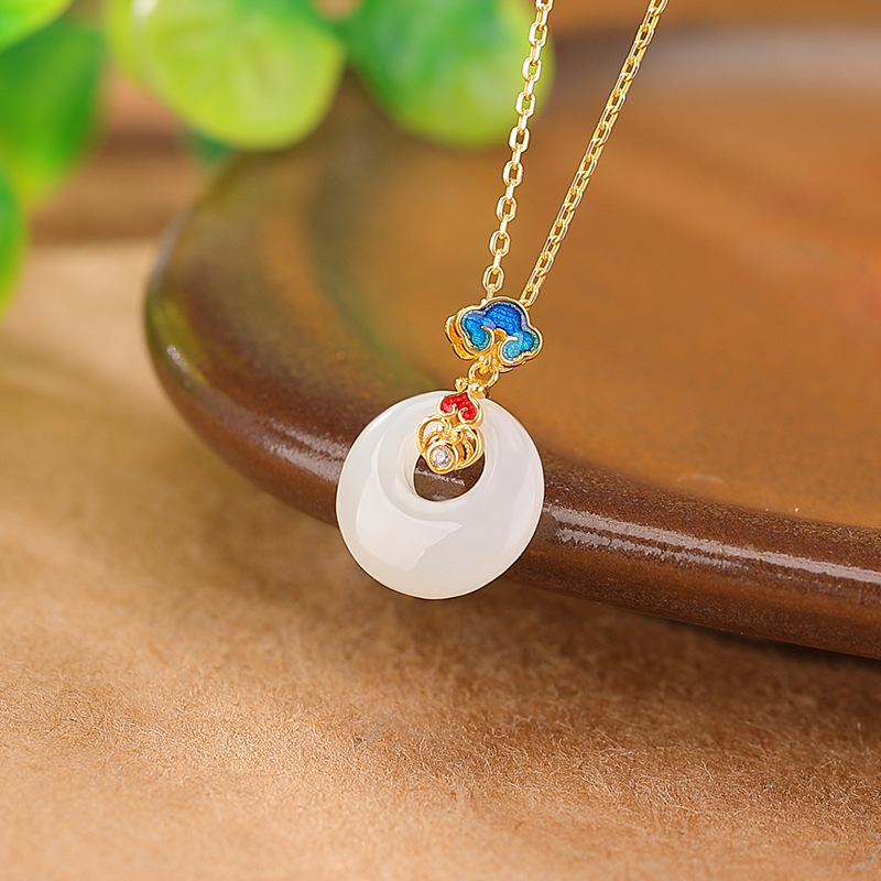 Mặt dây chuyền bạc S925 mạ vàng hình Ruyi khóa an toàn, phong cách quốc gia — Mẫu bạc ngọc bích Hetian (không có dây chuyền)