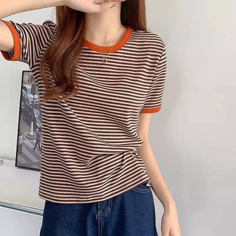 Летняя новая корейская версия футболки с круглым вырезом в полоску с короткими рукавами