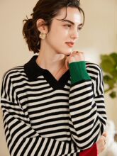 专柜品质羊绒衫女100纯羊绒POLO领宽松条纹撞色毛衣可外穿针织衫