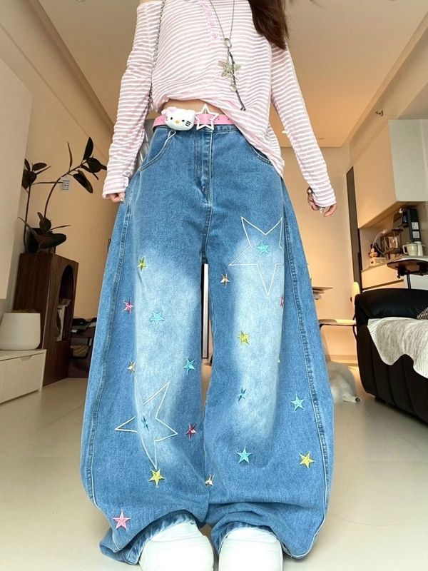 美式复古街头设计感廓形弯刀牛仔裤宽松阔腿拖地长裤香蕉裤镰刀裤|undefined