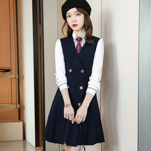 春夏新款收腰显瘦灰色职业装双排扣马甲连衣裙女JK学院风黑裙