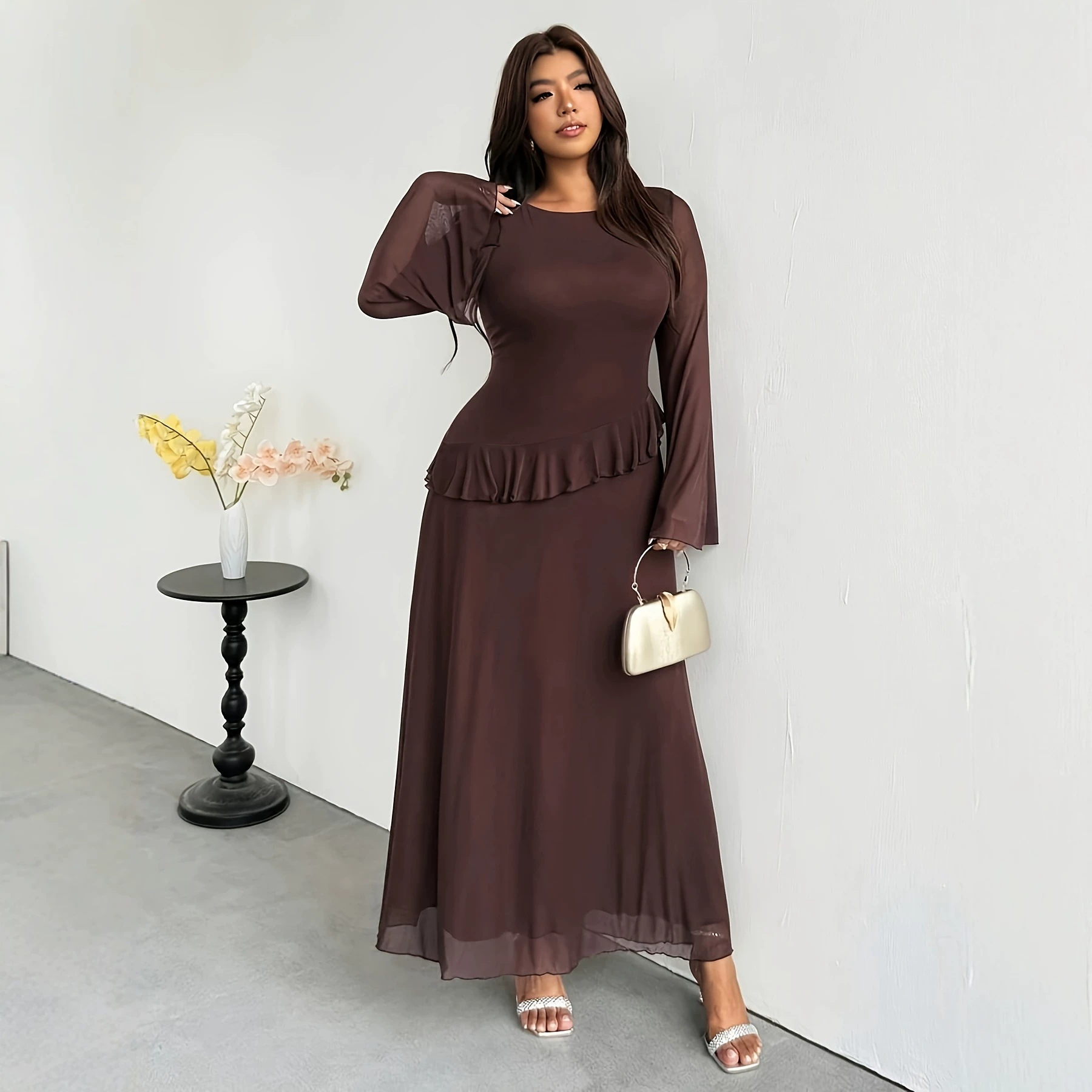 European and American cross-border round-neck mesh elegant plus-size long dress, solid color bell-sleeve plus-size long dress