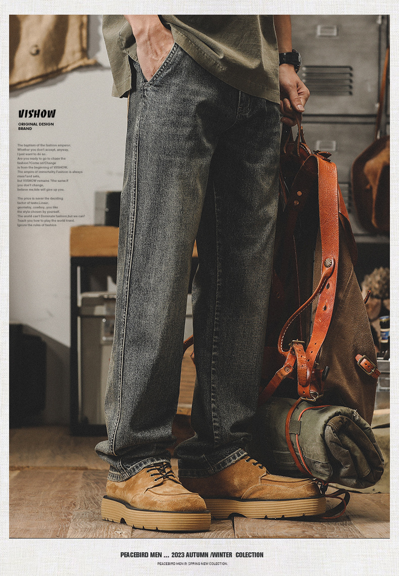 American Classic Retro Jeans Men's Loose Straight Tube Yellow Mud Dyed Old Pants Men's Spring And Autumn Models_viptrois.com