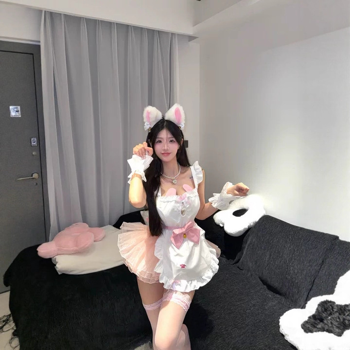 Sexy Hollow Out Backless Ruffle Lace Bow Bell Set Maid Uniform Temptation Pure Desire Qqny