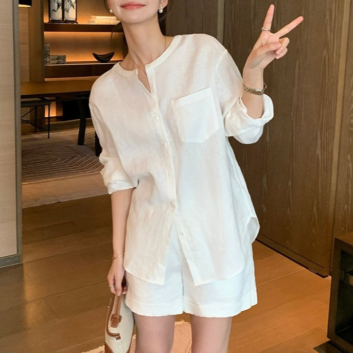 Maven Lin1 山茶花亚麻衬衫|度假风无领宽松上衣女开衫轻薄衬衣夏|undefined