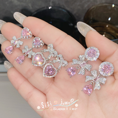 SIsi high-end micro-paved zirconium 925 silver needle bow earrings gold-plated love niche cute earrings