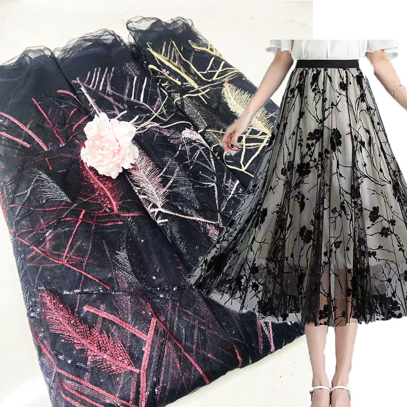 春夏季年轻气质大码妈妈装面料 树叶珠片新设计旗袍 连衣裙装面料|ru