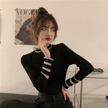 设计感拼接半高领针织衫女装秋冬2023新款韩版黑色修身打底衫上衣