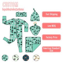 精品外贸婴幼儿童装批发新款绿色公交汽车印花男孩长袖连体衣