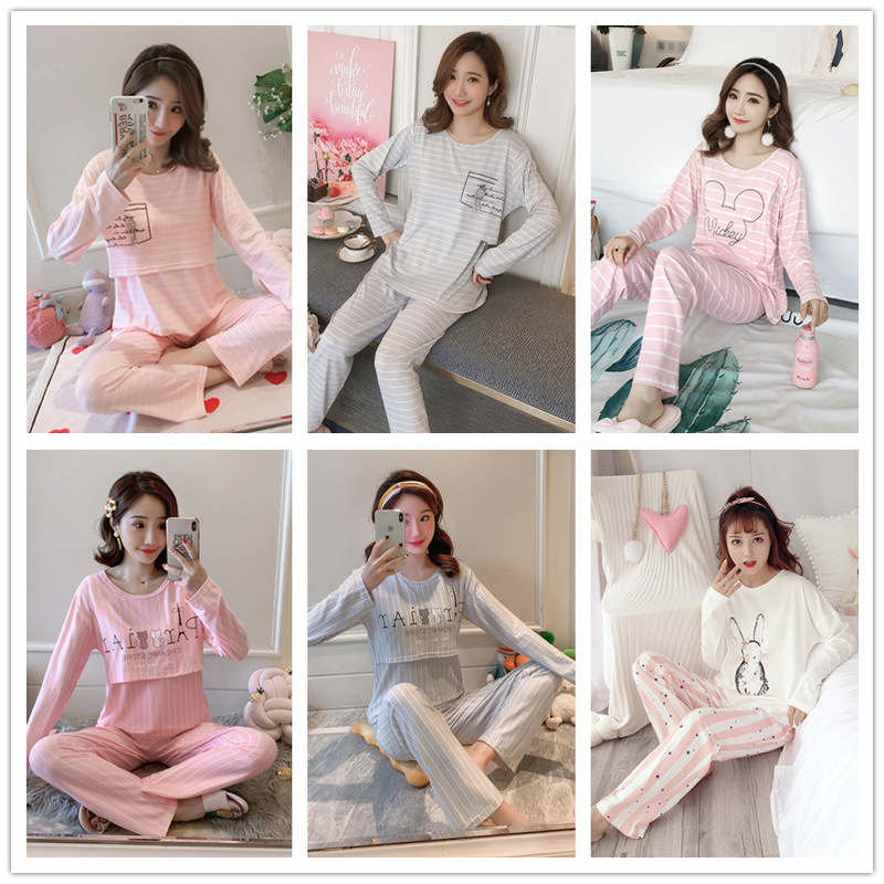 Spring and Autumn long-sleeved trousers confinement clothes pajamas pregnant cute cartoon thin nursing maternity clothes home wear suit