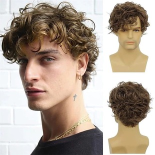 2025 European and American wig men's brown short curly hair curly bangs short curly men's hair natural curly fluffy rose mesh headgear