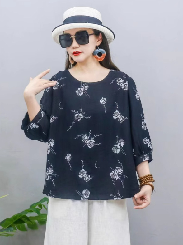 2025 nueva camiseta china de mujer impresa suelta de manga corta camiseta de verano camiseta de base de cuello redondo literaria