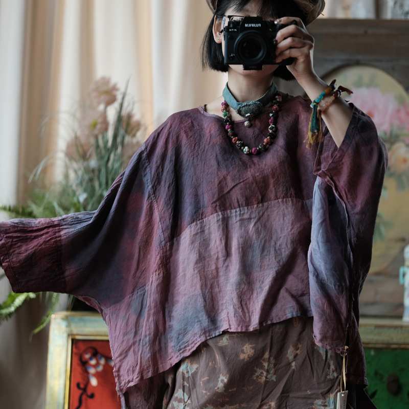 Little Mud Girl Frayed Round Neck Split Loose Patchwork Linen Shirt 2089 Handmade Plant-Dyed Little Mud Girl Frayed Round Neck Split Loose Patchwork Linen Shirt 2089 Handmade Plant-Dyed
