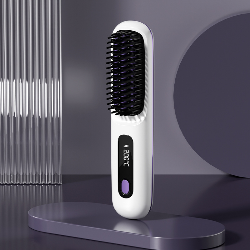 クロスボーダーヘアストレートニングコーム新しいLCDワイヤレス充電ヘアストレートナーマイナスイオンは髪を傷つけませんミニポータブルヘアカーリングコーム|undefined