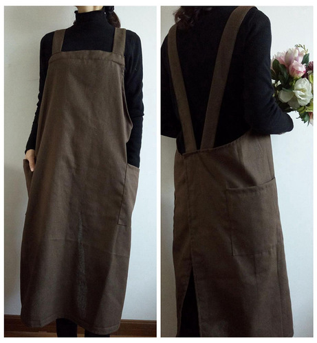 Cross-border plus-size long fashion Korean-style cotton-linen breathable apron, khaki coffee shop uniform with logo printing