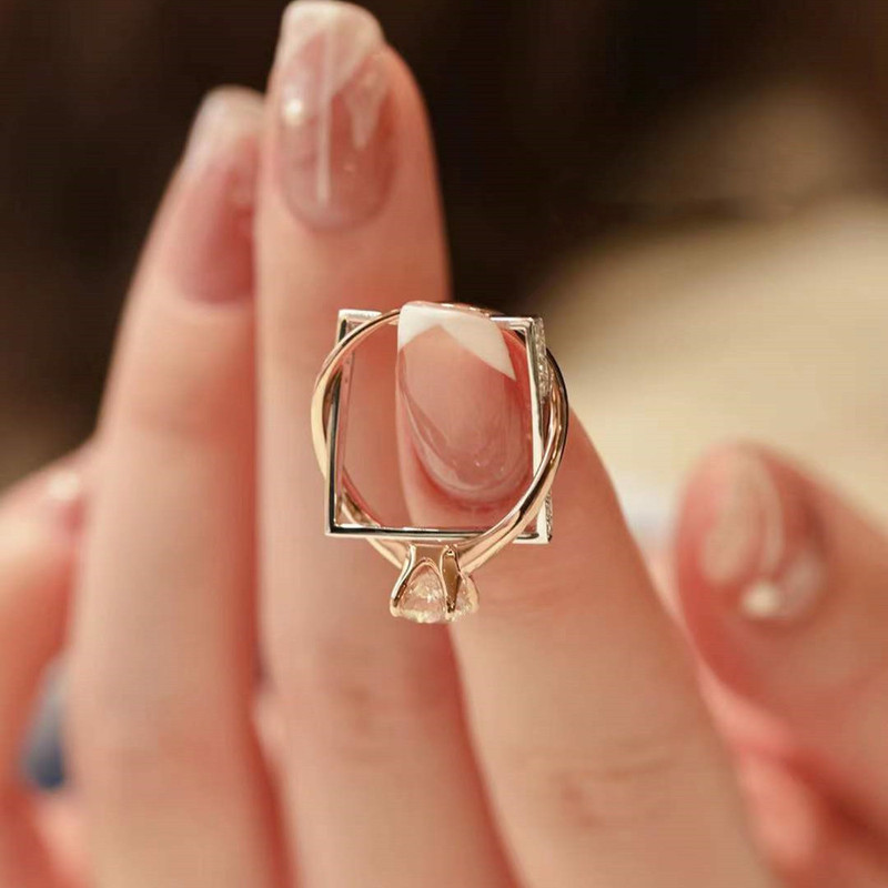 Twist Arm Square Double-layer Rose Gold Simulation Stacked Diamond Ring Women's Gold Proposal Four-claw Ring Little Red Book Same Twist Arm Square Double-layer Rose Gold Simulation Stacked Diamond Ring Women's Gold Proposal Four-claw Ring Little Red Book Same