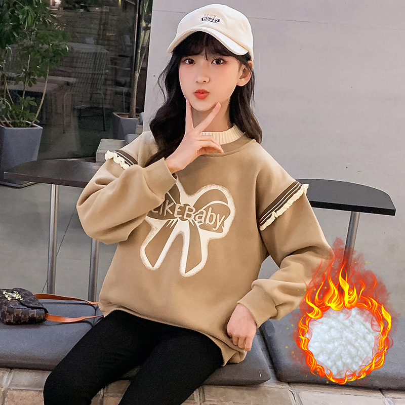 女童2024新年裝加絨加厚衛衣假兩件半高領保暖寬鬆中大童打底衫洋