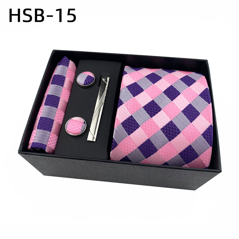 2025 nueva caja de regalo negra de negocios para hombres, corbata lisa a rayas, bufanda de bolsillo, clip de corbata, traje de regalo