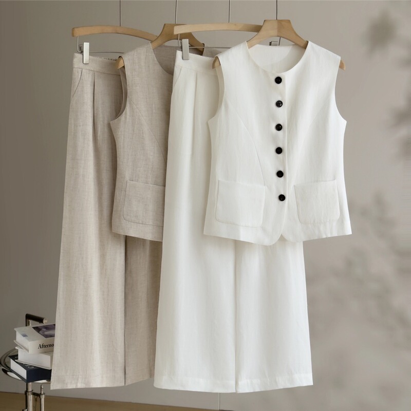100% Linen Vest and Straight-Leg Pants Set, Summer Breathable Casual Two-Piece Set, Versatile Office Women's Fashion, Hot-Selling Wholesale