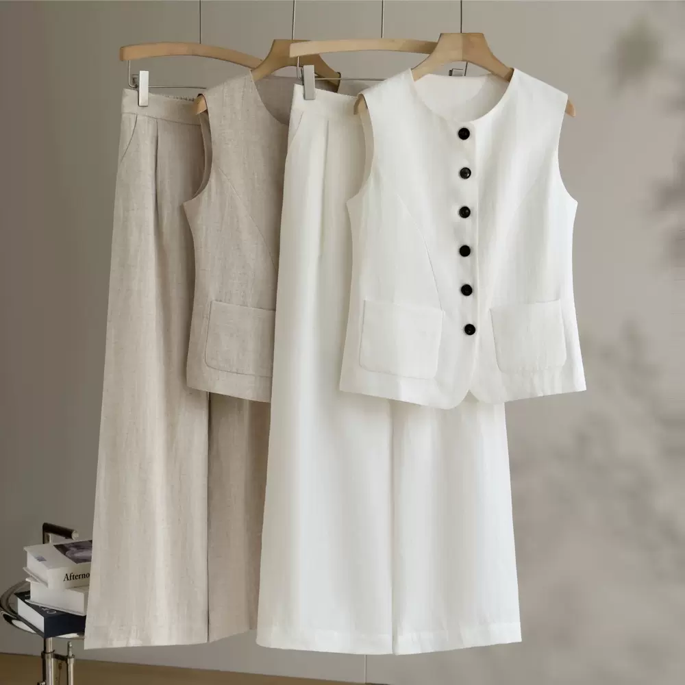 100亚麻马甲直筒裤套装夏季透气休闲两件套职场百搭女装爆款批发