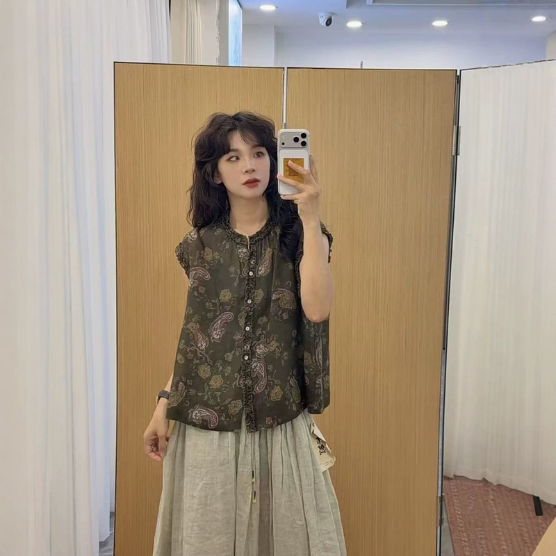 26 Summer Korean-Style Loose-Fitting Artistic Youthful Ramie Printed Round-Neck Ruffle Sleeve Blouse for Women 26212