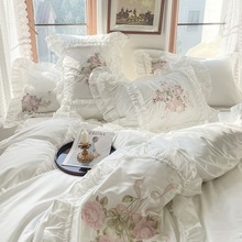 法式仙女感全棉长绒棉床上四件套公主风花边被套床裙白色