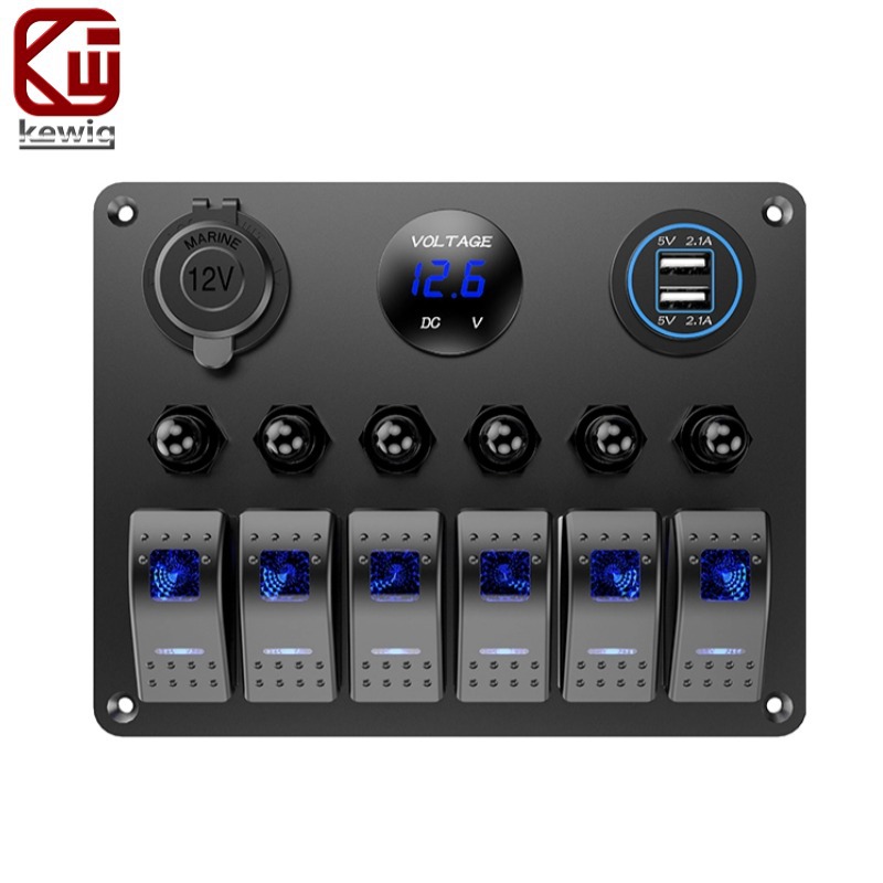 汽车多功能装房车游艇改装双USB船型组合面板带电压表6位翘板开关