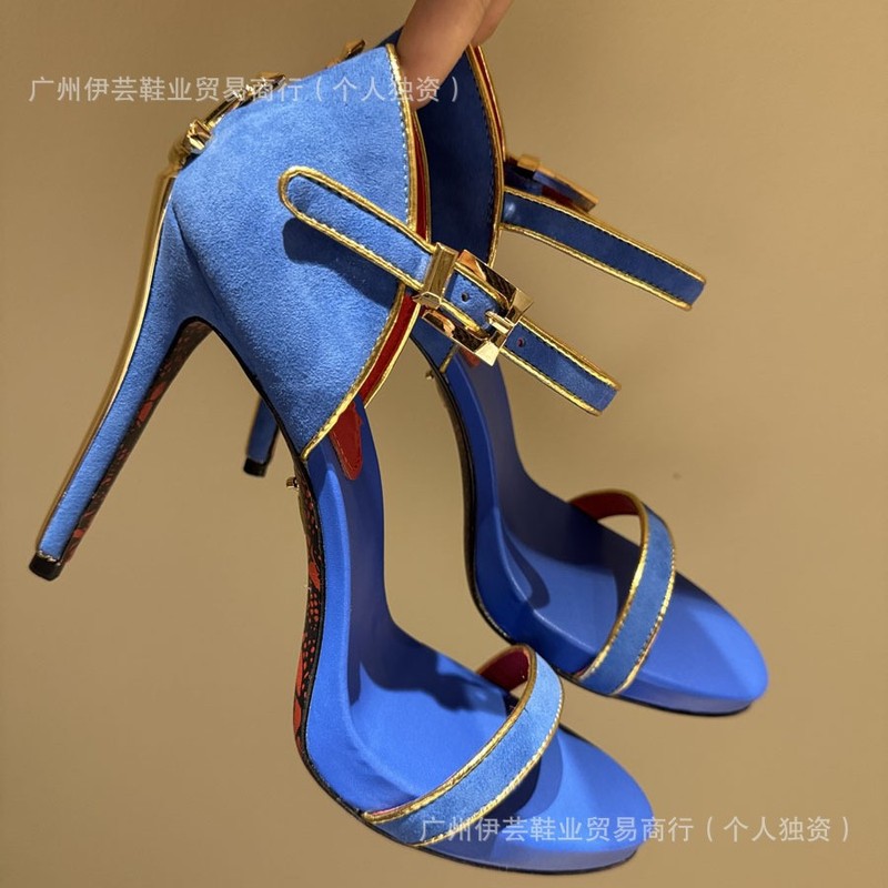 欧美25新款真皮一字带高跟鞋女凉鞋CP宝剑权杖黑色复古利刃红底鞋|undefined